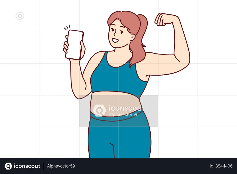 Plump woman in fitness clothes demonstrates biceps and encourages use mobile phone with sports apps  Illustration