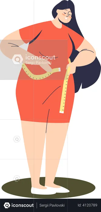 Plus size woman model measuring waist with measuring tape  Illustration