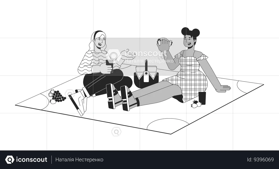 Plus sized diverse women having picnic  Illustration