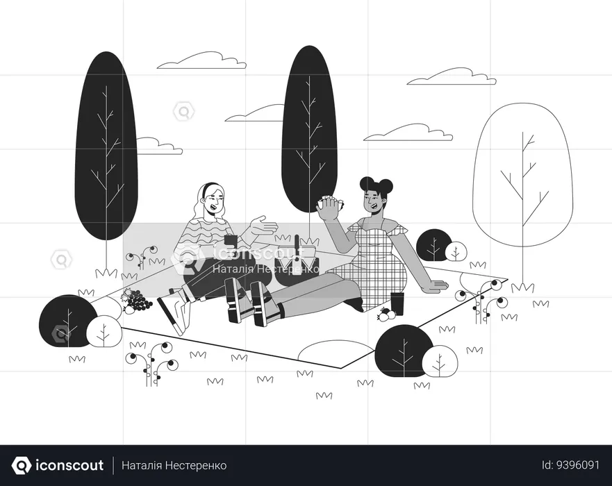 Plus sized multiracial women on picnic  Illustration