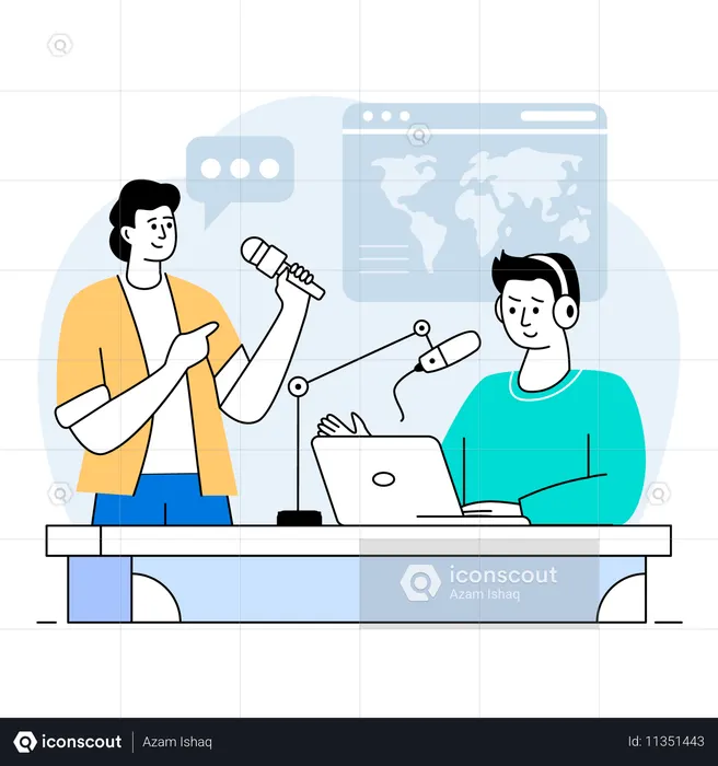 Podcaster conducting microphone sound check: "Testing, one, two, three,"  Illustration