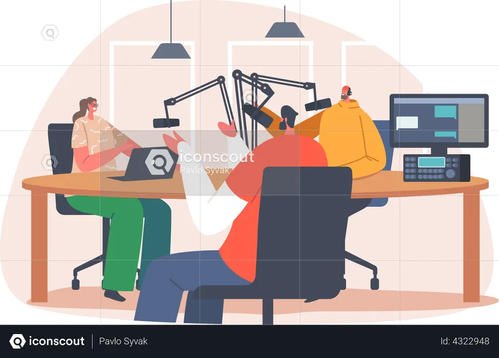 Podcaster Interviewing Guest on Radio Studio  Illustration
