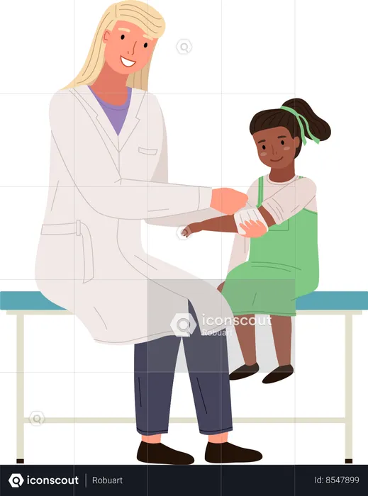 Podiatrist uses a bandage to help girl  Illustration