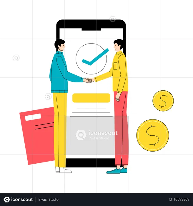 Poignée de main financière numérique via une application mobile  Illustration