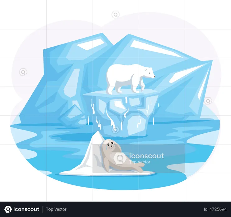 Polar animals in pain due to melting ice  Illustration