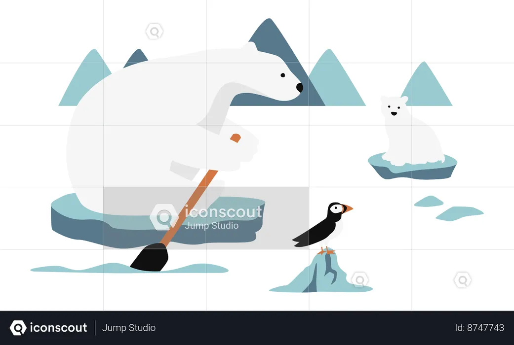 Polar Bear And His Baby Sitting On A Melting Ice In A Sea  Illustration