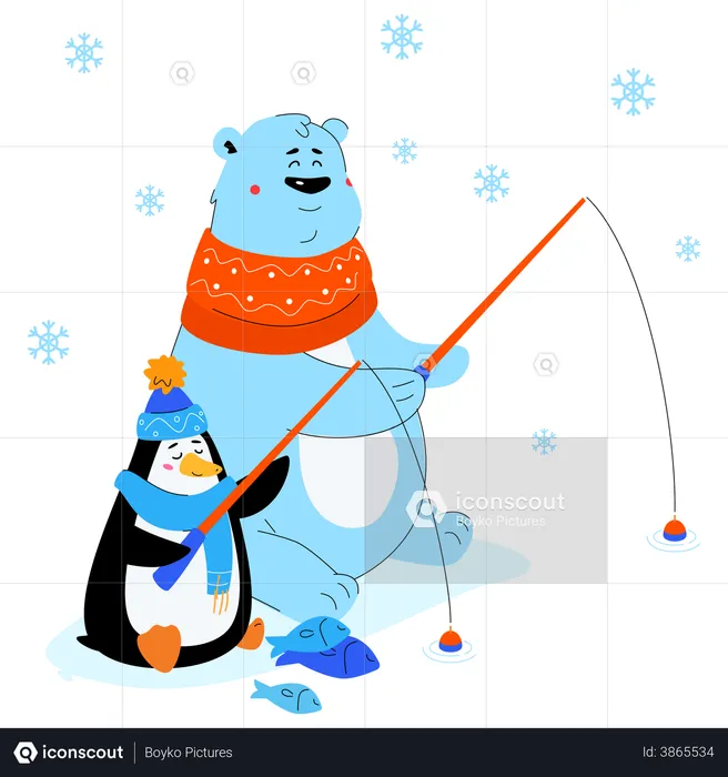 Polar bear and penguin ice fishing  Illustration