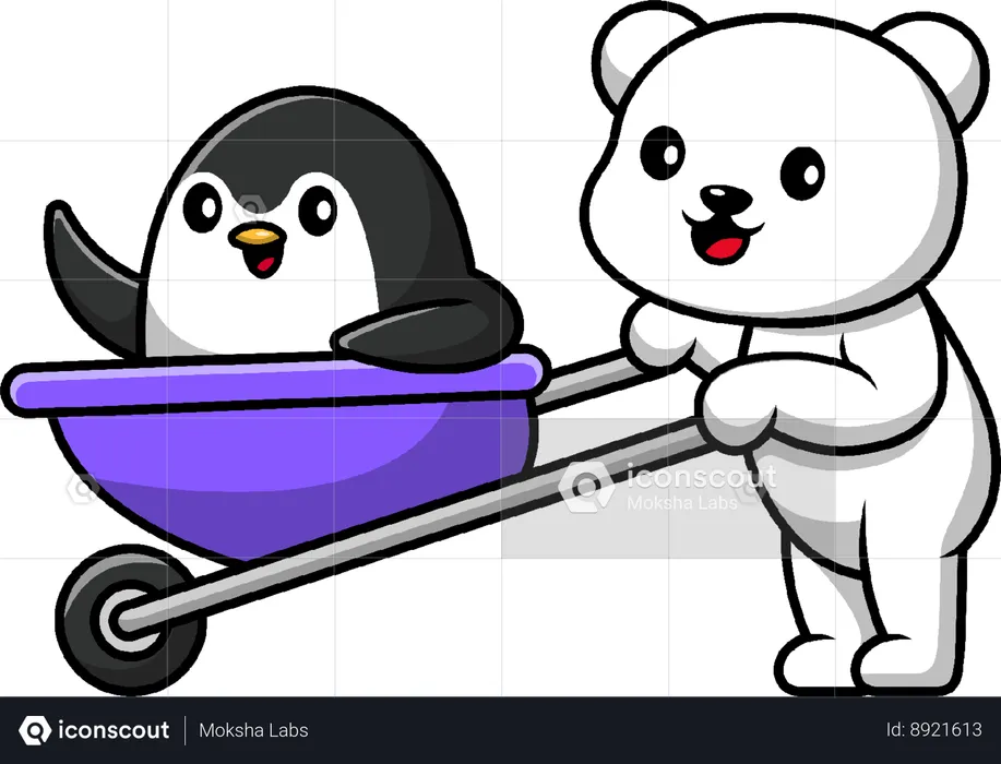 Polar Bear Bring Penguin With Trolley  Illustration