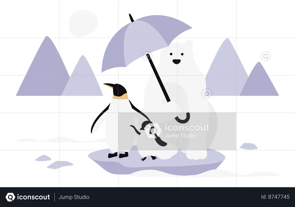 Polar Bear Holding Umbrella with Penguins  Illustration
