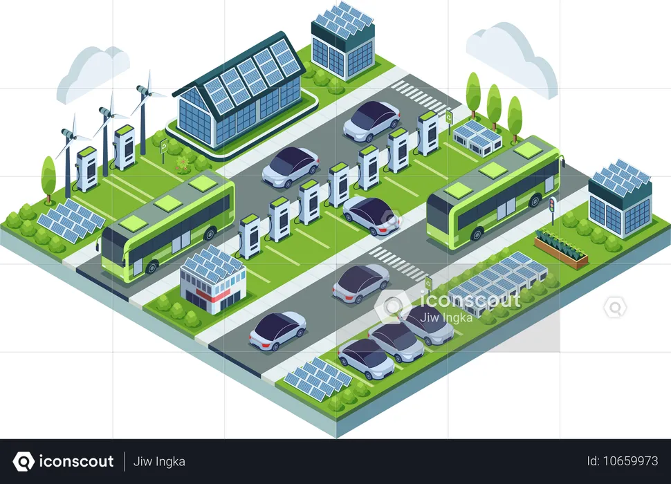 Plateforme de transport durable avec véhicules électriques et bornes de recharge électriques  Illustration