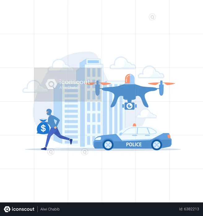 Police car and drone tracking thieve in mask  Illustration