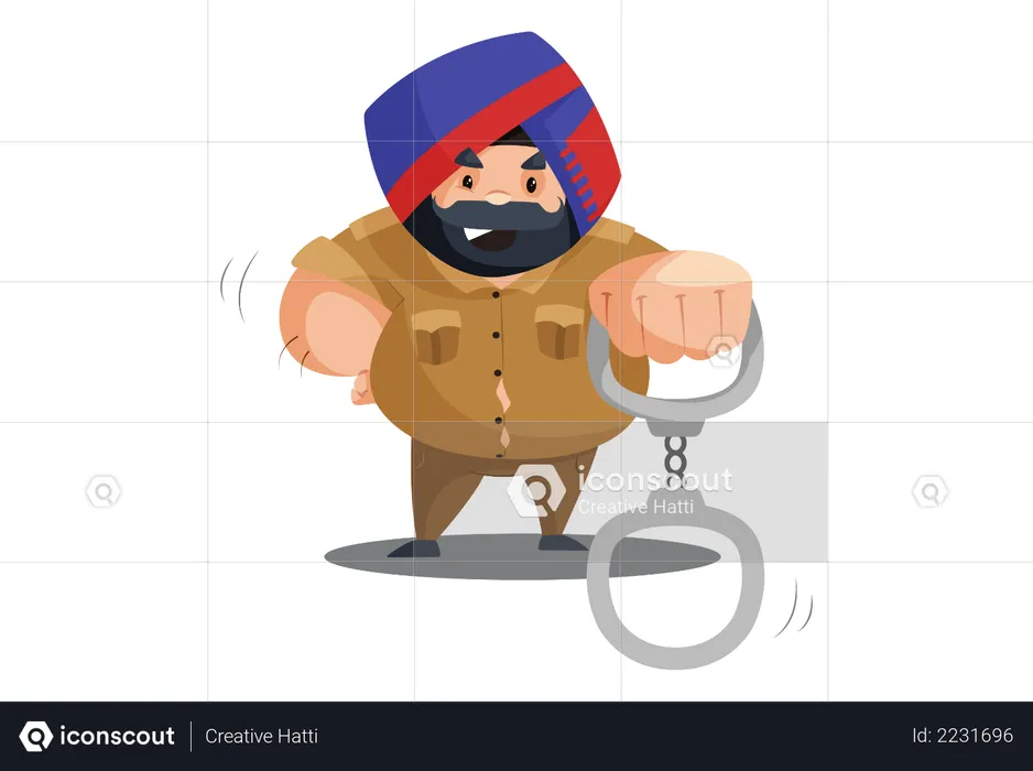 Police man is holding handcuffs in hand  Illustration