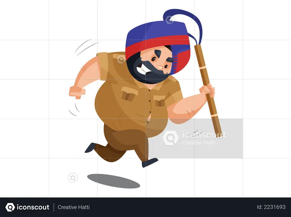 Police man is running and holding baton in hand  Illustration