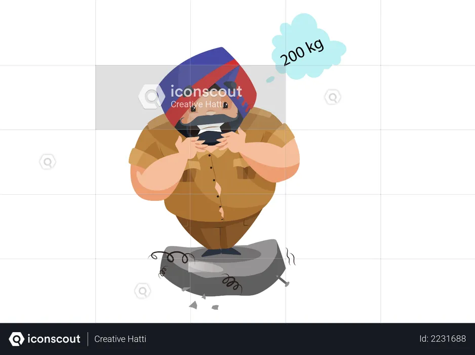 Police man is standing on the weighing machine, its weight is 200kg and the machine breaks down from his weight  Illustration