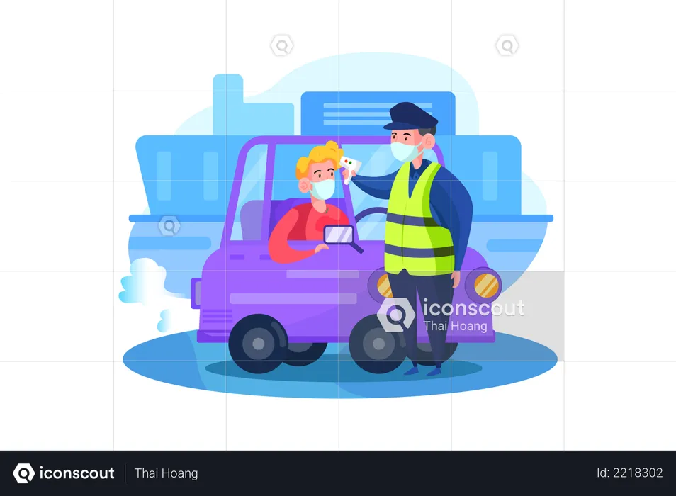 Police officer checking body temperature of people  Illustration