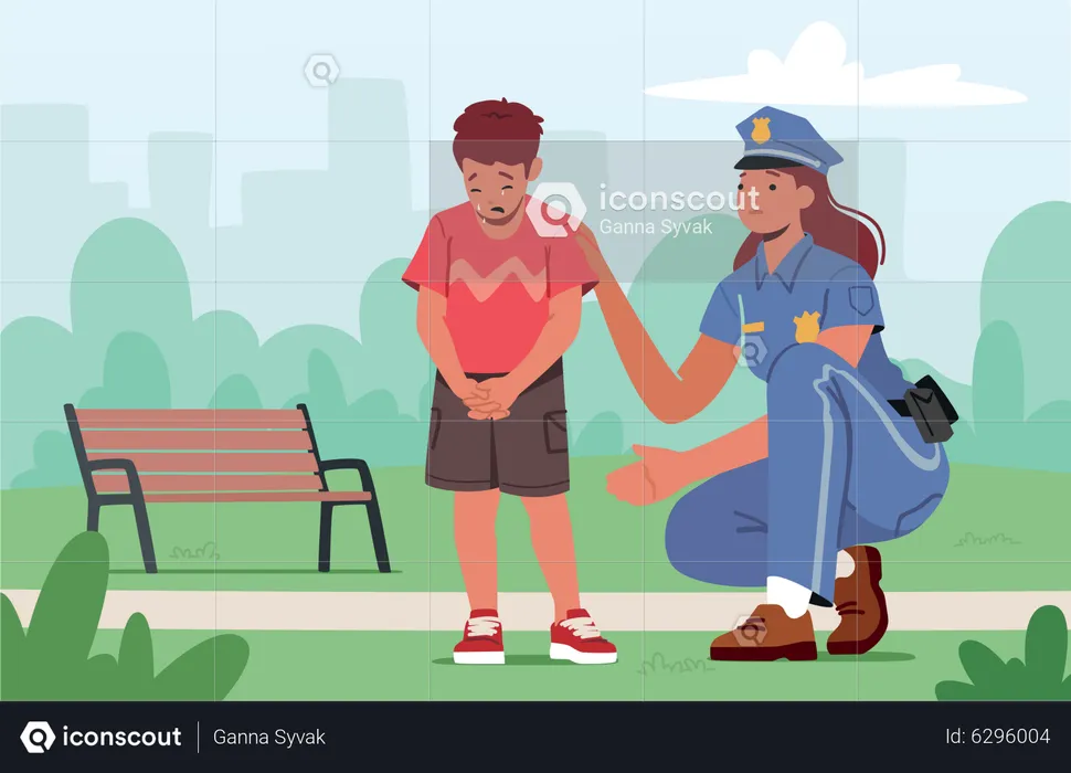Police Officer Female Character Help To Kid Find Mother  Illustration