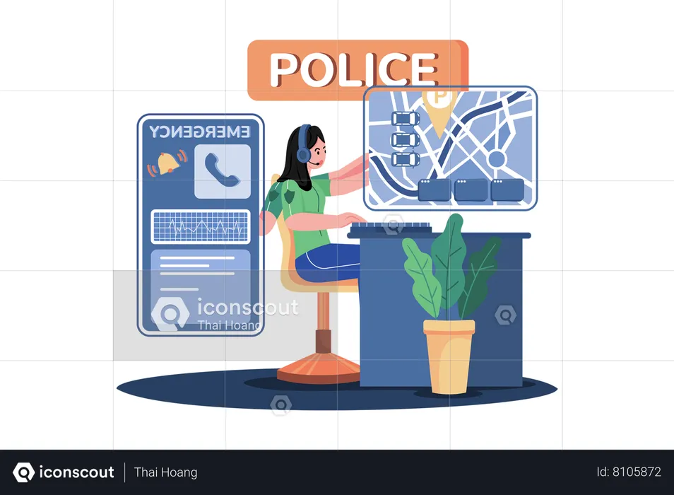 Police officer responding to multiple calls and managing traffic during a crisis situation  Illustration