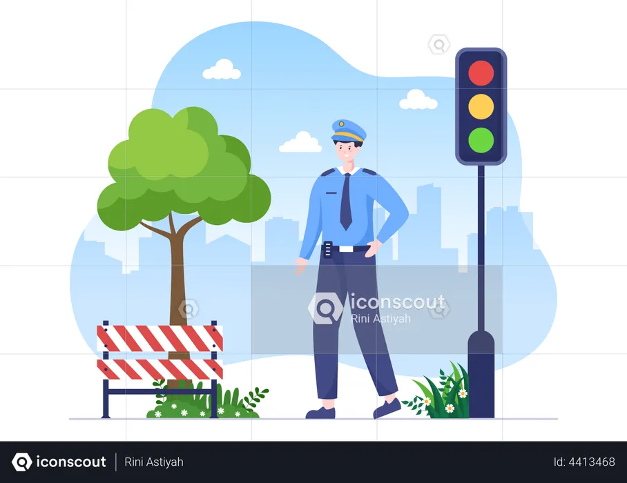 Police Officer standing at signal  Illustration