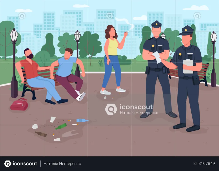 Police officers giving fines for throwing out trash  Illustration