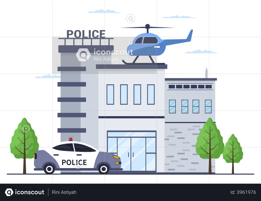 Police Station Department with Helicopter and Police Car  Illustration