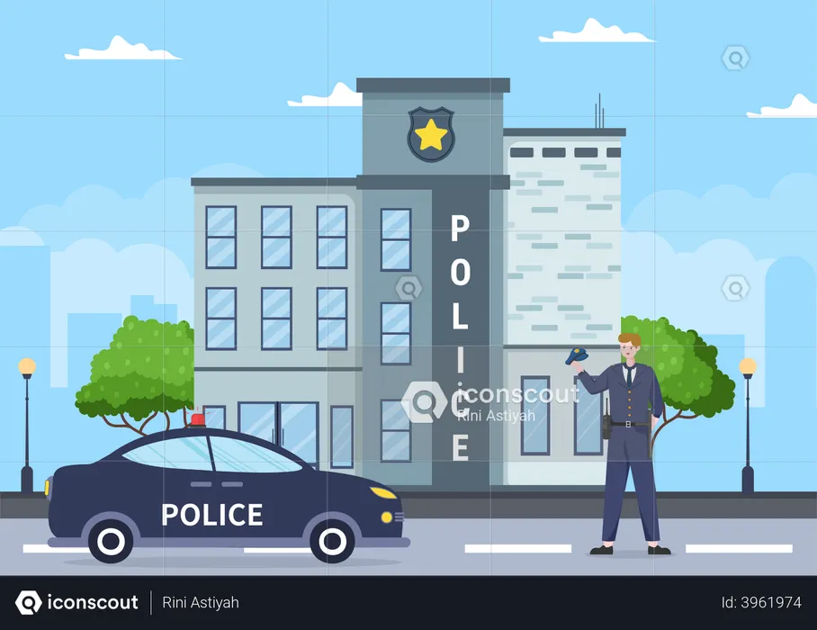 Police Station with Policeman and Police Car  Illustration