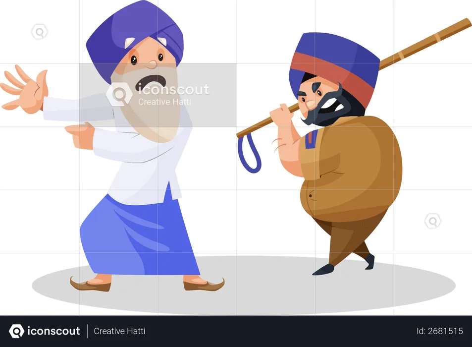 Policeman attacking the Punjabi old farmer with a stick  Illustration