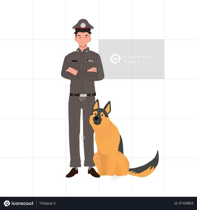 Policeman brings dog on crime scene for investigation  Illustration