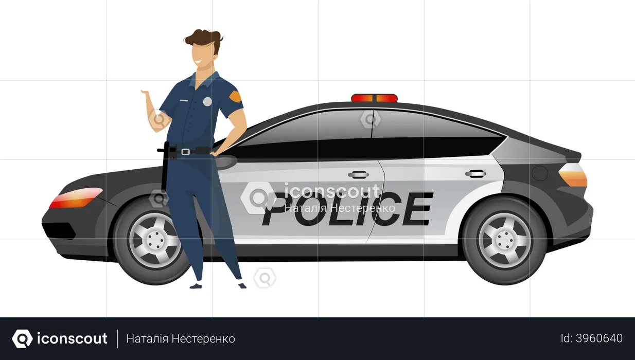 Policeman standing by patrol car  Illustration