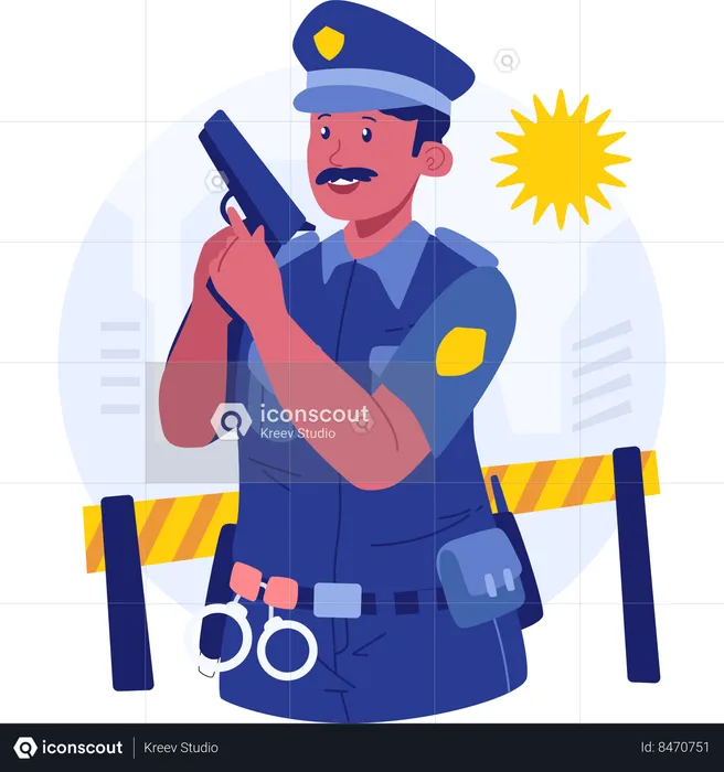 Policeman standing with pistol in hand  Illustration