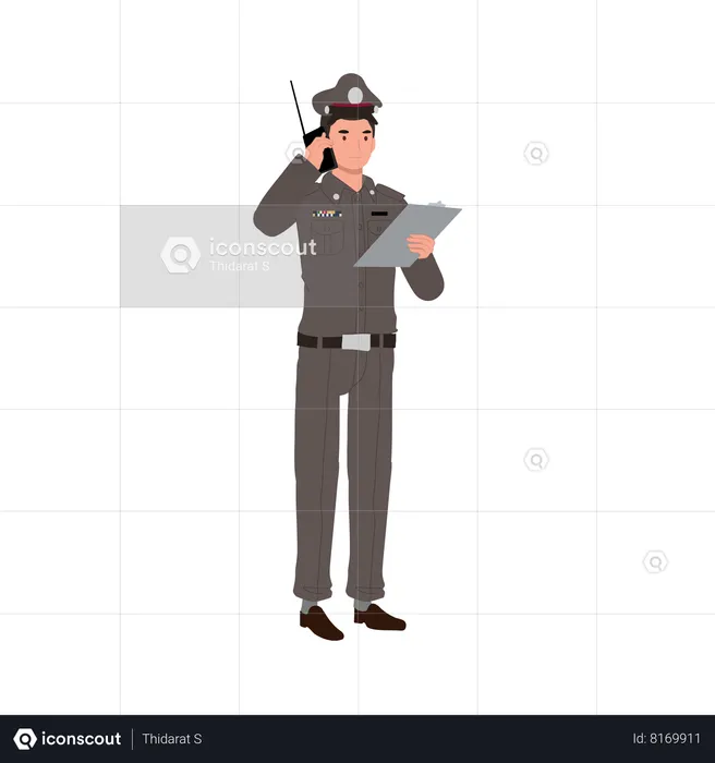 Policeman talking on walkie talkie  Illustration
