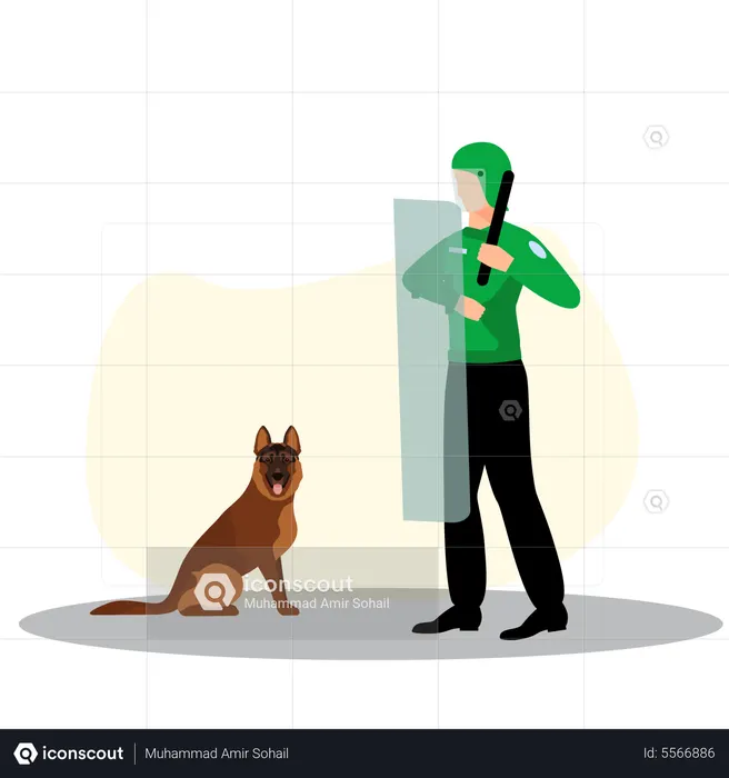 Polícia de segurança com cachorro  Ilustração