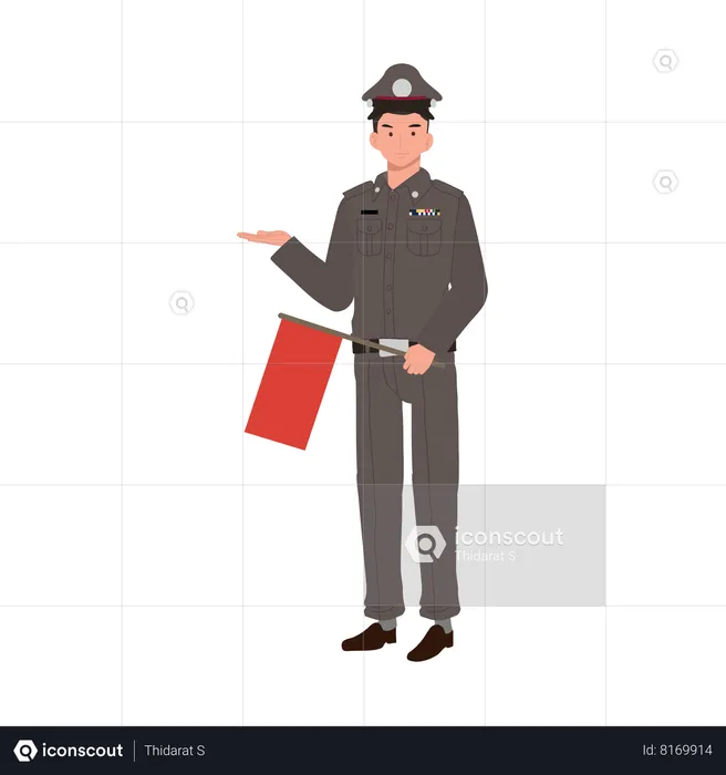 El policía muestra bandera roja  Ilustración