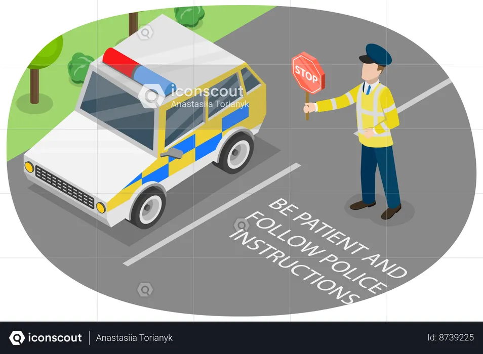 Policía sosteniendo señal de stop  Ilustración