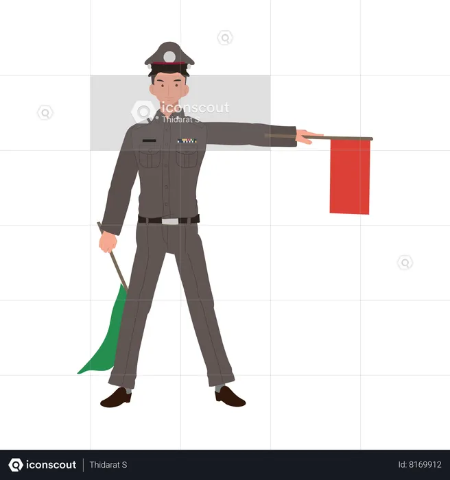 Policier montrant un drapeau rouge  Illustration