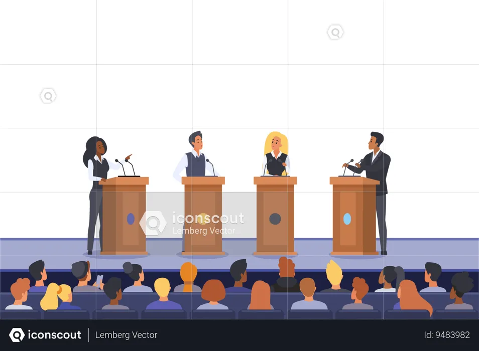 Political debates of speakers on podiums  Illustration