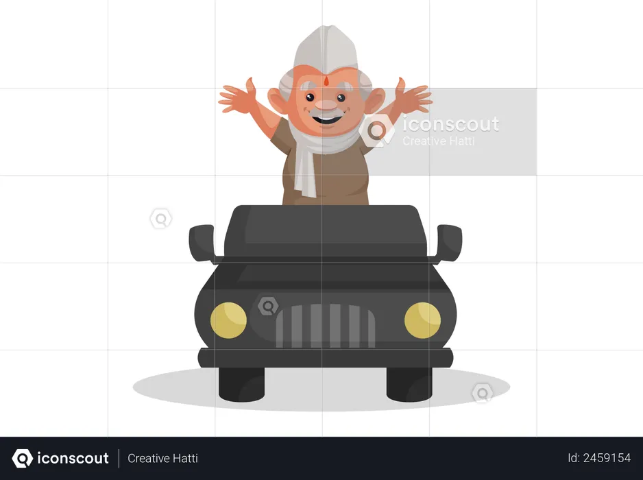 Politician standing in a jeep and greeting people  Illustration