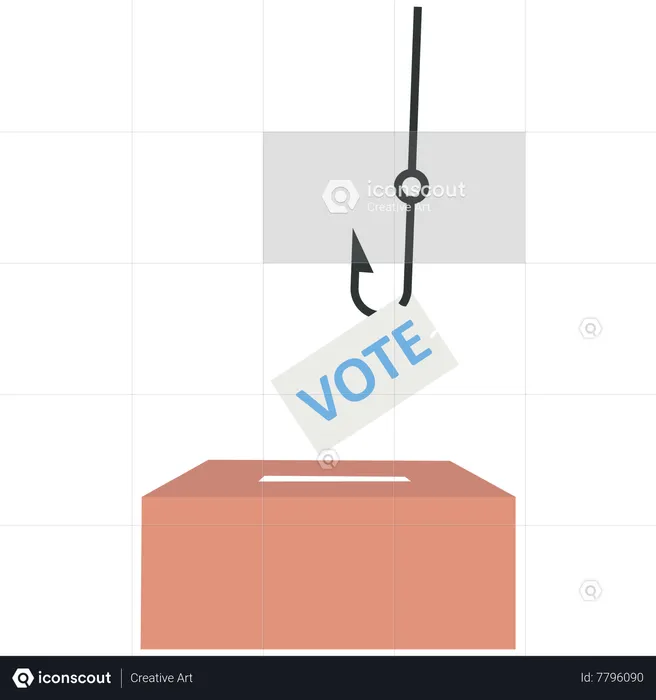 Politician uses a fishing hook to pick ballot paper from a ballot box  Illustration
