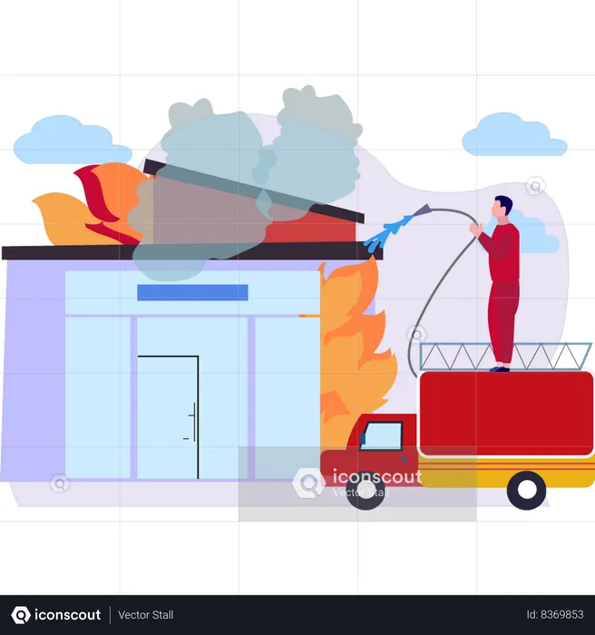 Pompier éteindre un incendie avec un tuyau d'arrosage  Illustration