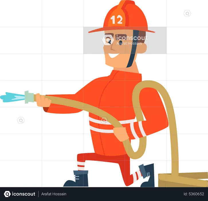 Pompier tenant un tuyau d'eau  Illustration