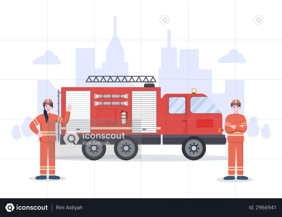 Pompiers avec camion de pompiers  Illustration