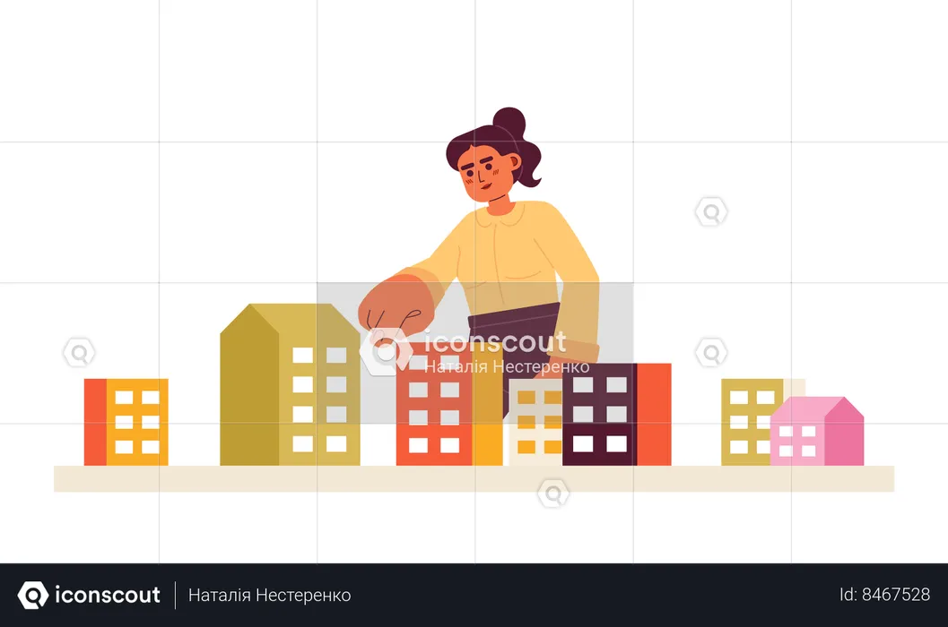 Ponytail woman finger pointing apartment  Illustration