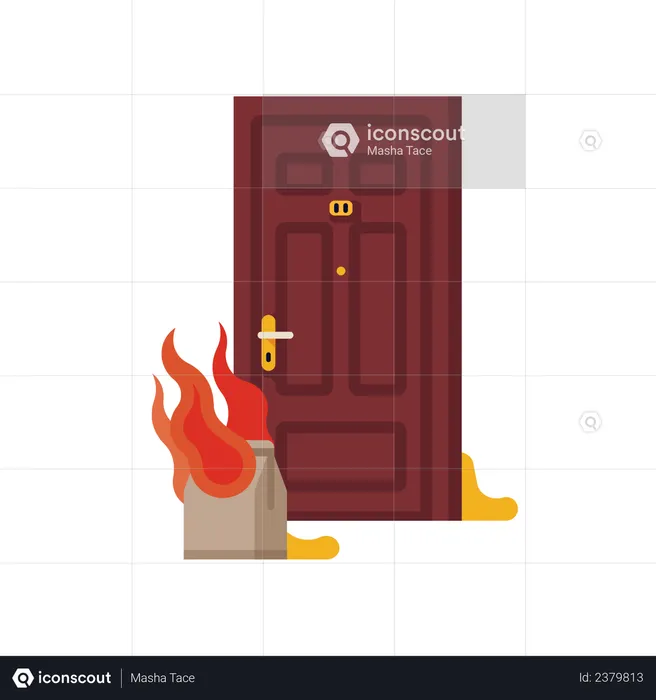 Poop bag prank with paper bag on fire in front of apartment or house front door  Illustration