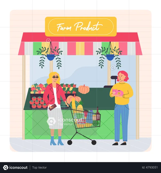 Poor girl begging money from rich people at grocery store  Illustration