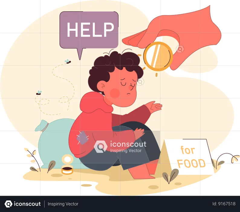 Poor homeless little boy asking for money  Illustration