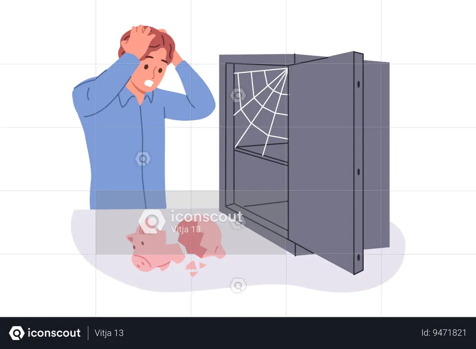 Poor man became bankrupt due to wastefulness clutching head looking at empty safe and piggy bank  Illustration