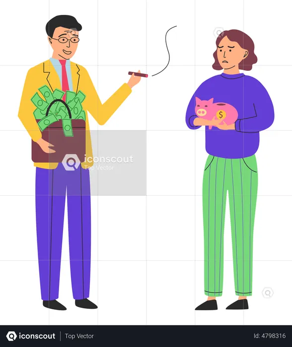 Poor woman holding piggy bank and millionaire with money briefcase  Illustration