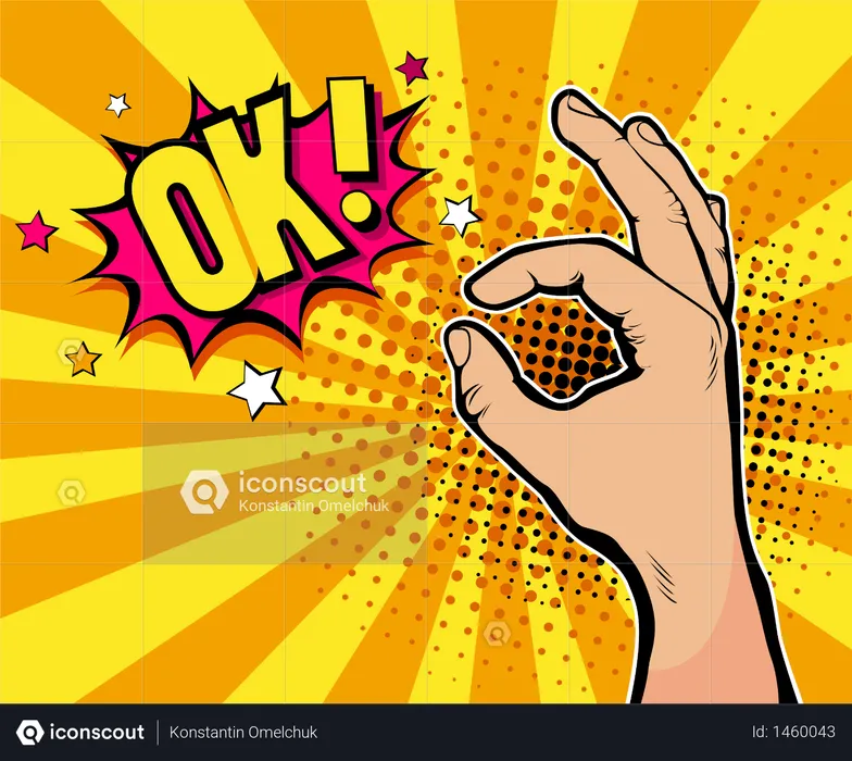 Pop art background with male hand in suit showing okay sing and OK!  Illustration