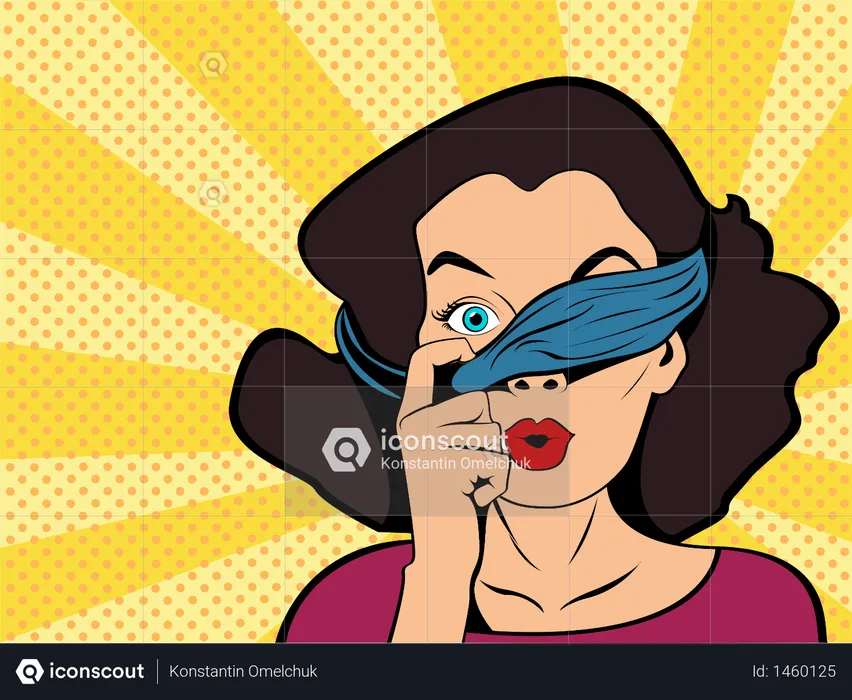 Pop art girl with tied eyes looking above bandage  Illustration