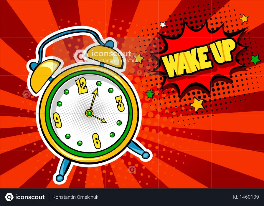 Pop-Art-Hintergrund mit komischem Wecker, der mit einer Sprechblase und dem Text „Wake Up“ klingelt  Illustration