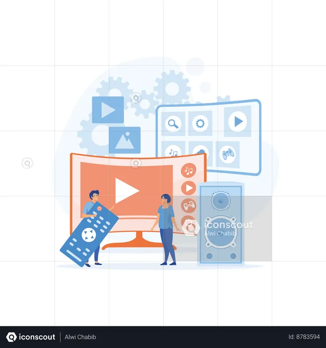 Pople watch video with remote control and television multimedia box  Illustration